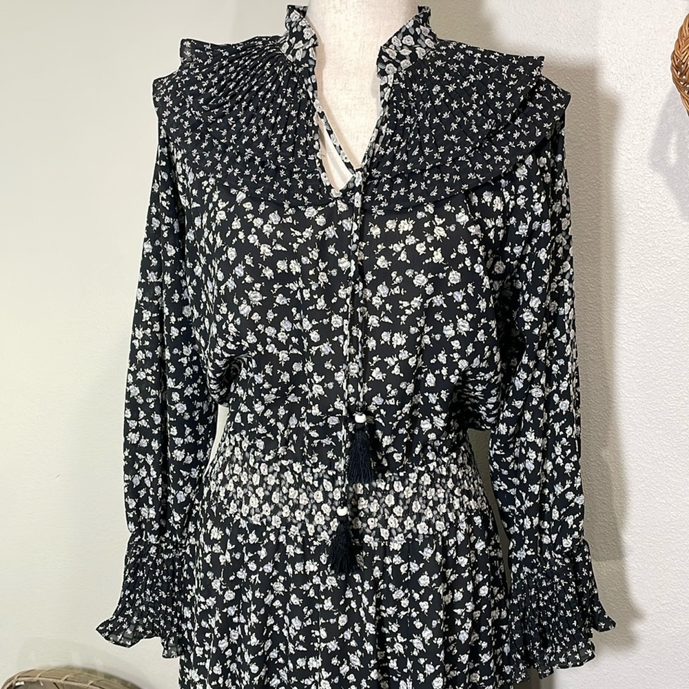 Vintage Diane Fres Floral Full Length Ruffle Flutter Dress BlackGray Cream/White - Picture 2 of 16